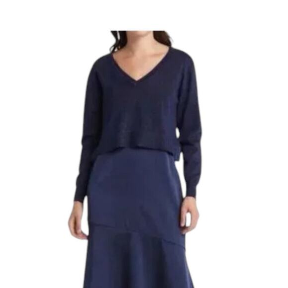 Sam Edelman Metallic Blue Lurex V Neck Crop Sweater Size 14 NWOT - Picture 1 of 6